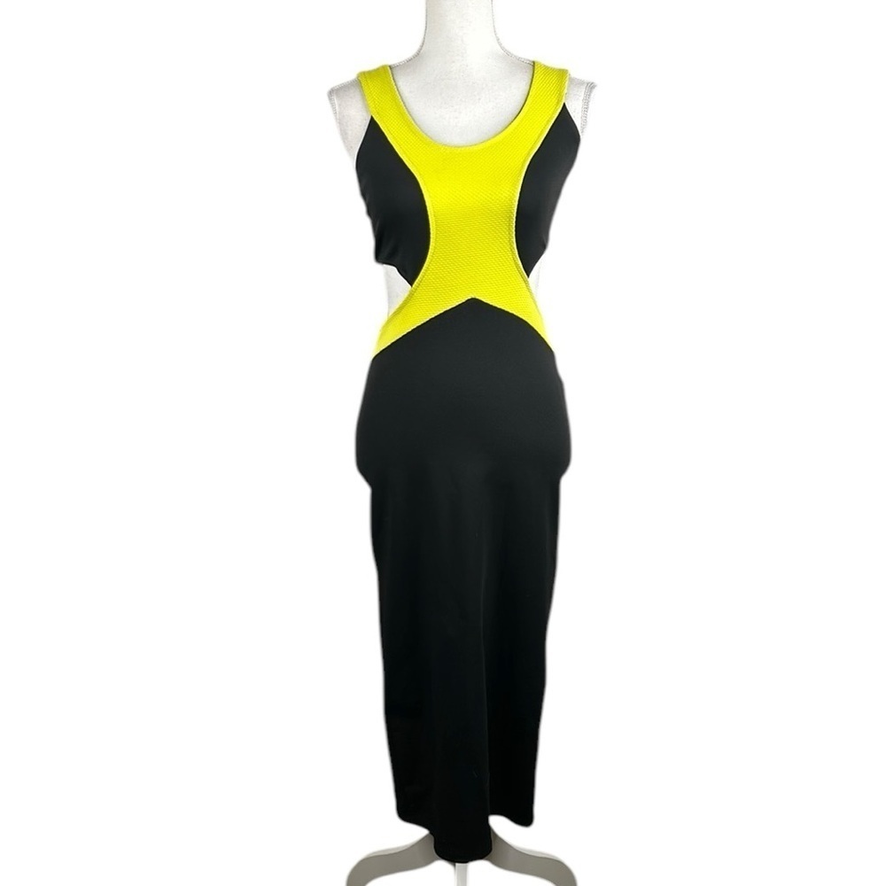 Ribbon Black & Neon Yellow Cut Out Summer 80's Style Bodycon‎ Maxi Dress Size 10